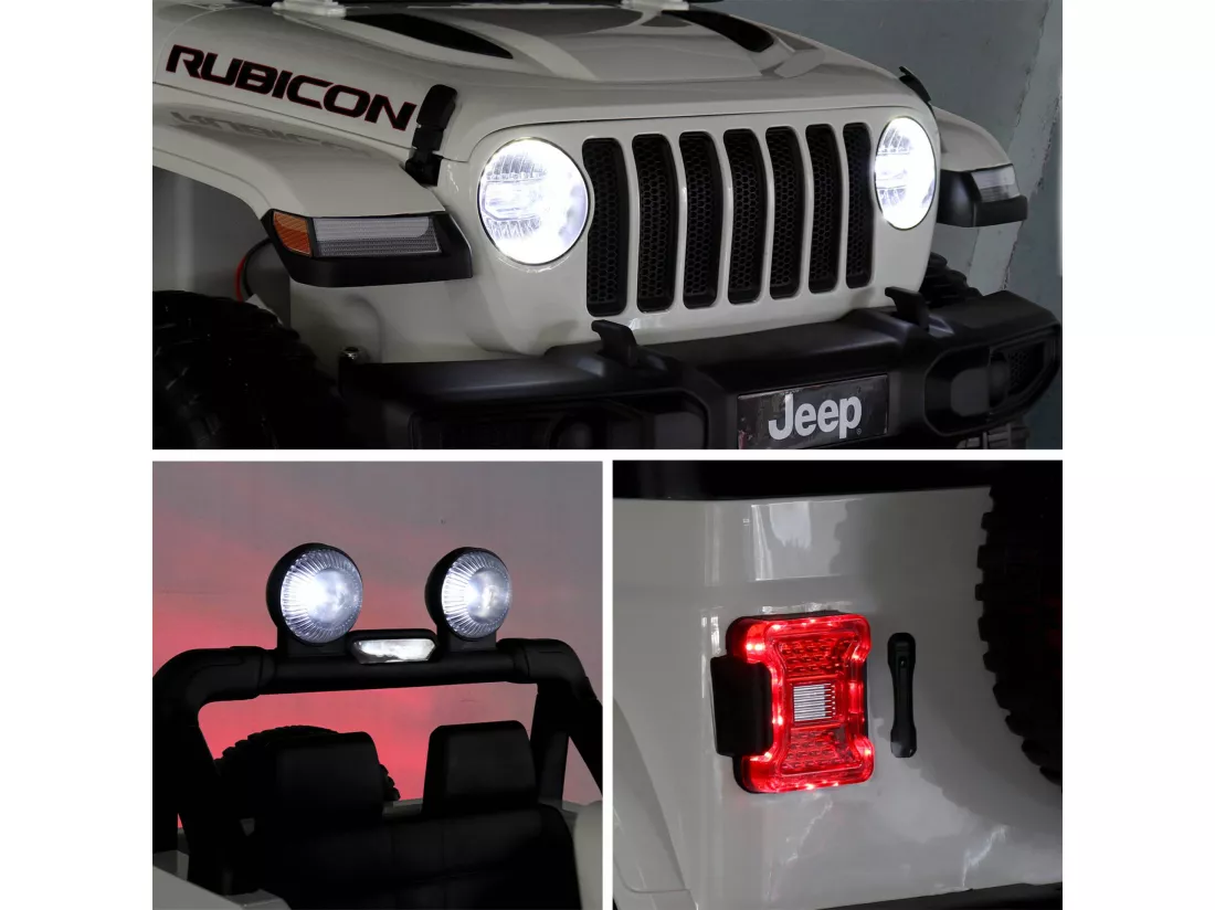 Voiture électrique 12V pour enfant - JEEP Wrangler Rubicon 2 roues motrices. blanche. 1 place. avec autoradio. télécommande. MP3. port USB / carte SD. prise jack et phares fonctionnels