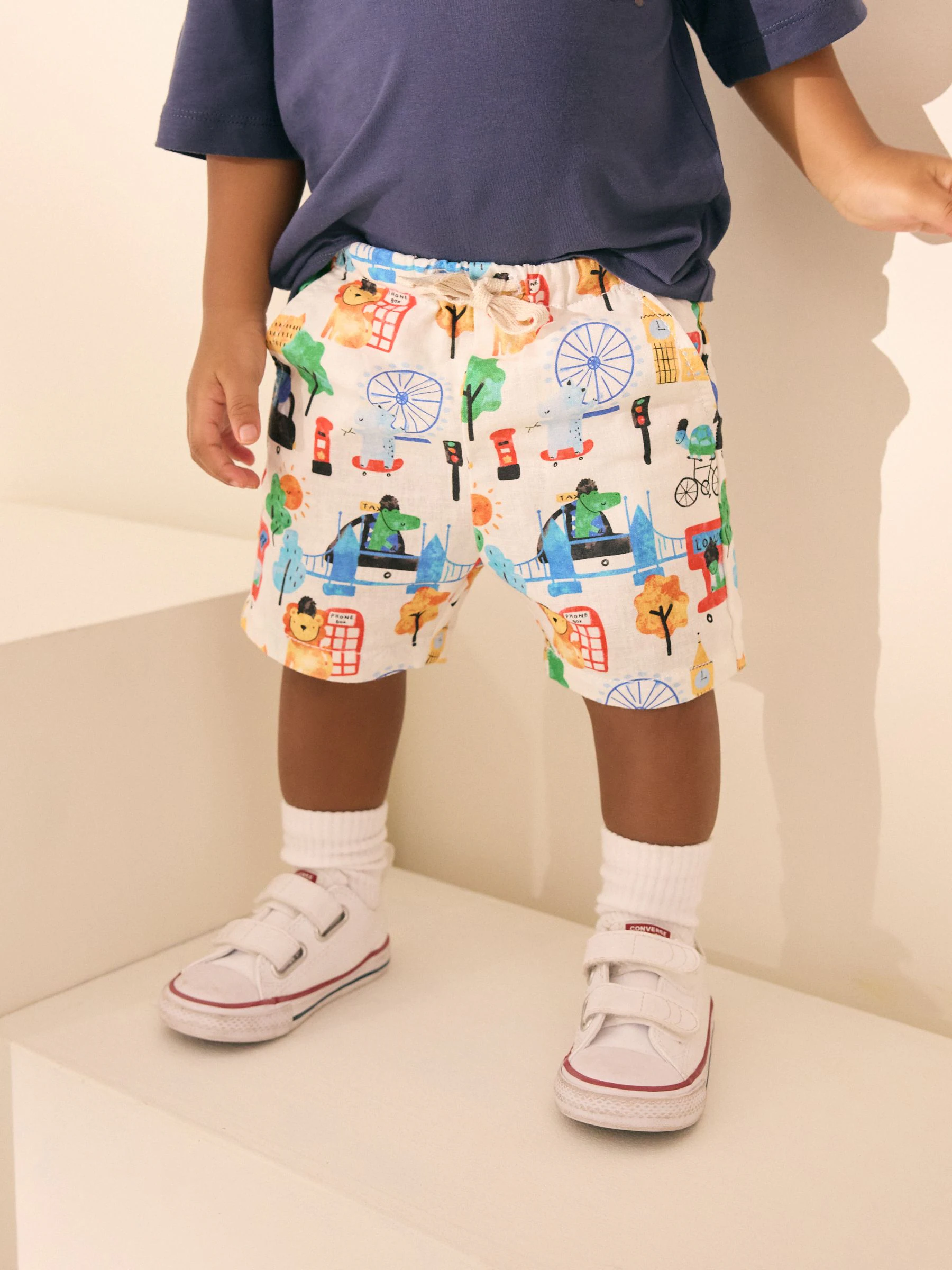 London print - Short met elastische taille van linnenmix (3 mnd-7 jr)