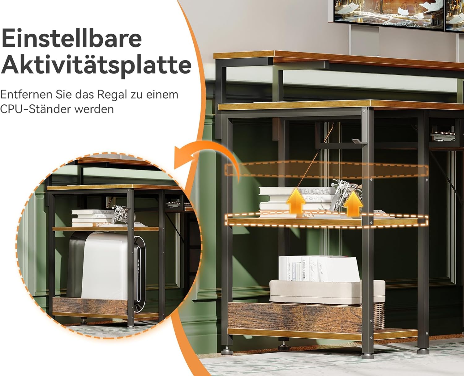 ODK Schreibtisch mit 4 Schubladen, Computertisch mit 2 Steckdosen und 2 USB Ladeanschluss, PC Tisch mit Regal, Gaming Tisch mit Tastaturablage fürs Büro, Wohnzimmer (Braun, 140x52x92cm)