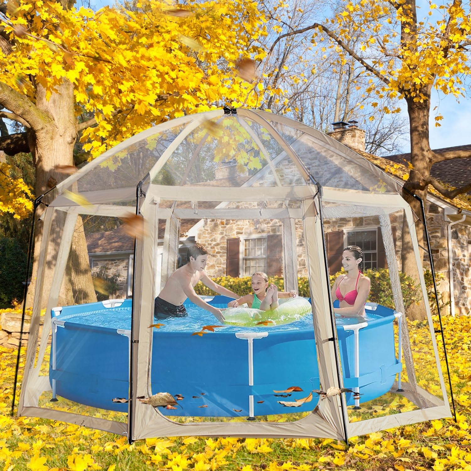 Poolabdeckung Rund – 400x400x250cm – Pool Dome für Pools bis ca. Ø 305cm – Poolzelt Mit Zwei große Reißverschlusstüren - Pool Sonnenschutz SPF35+ – Pool Überdachung Blockiert Blätter und Vogelkot.