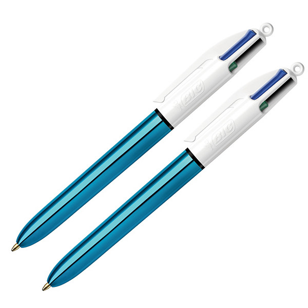 Stylos-bille BIC 4 couleurs Shine bleu métal, lot de 2