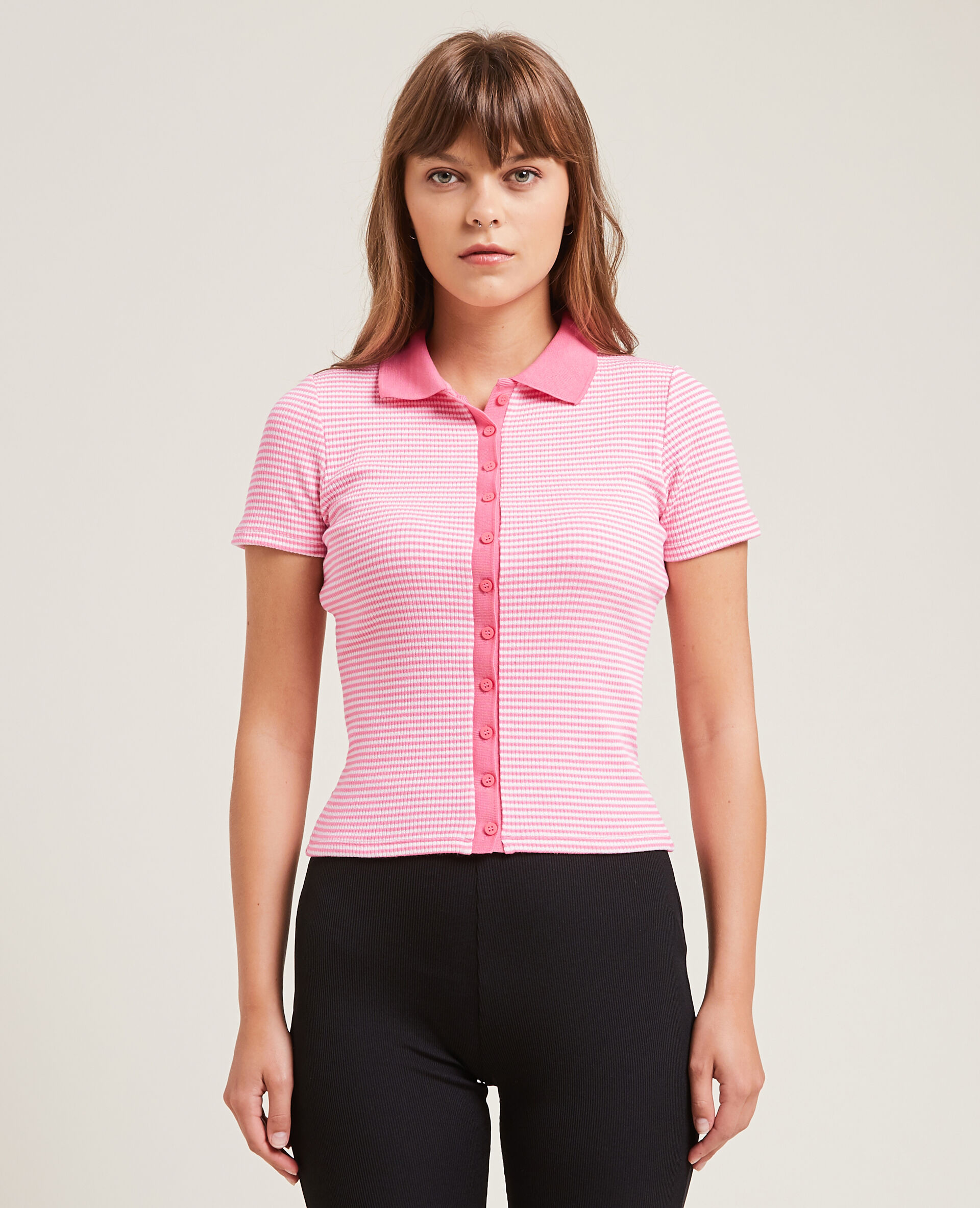 Polo rayé en maille côtelée - Rouge