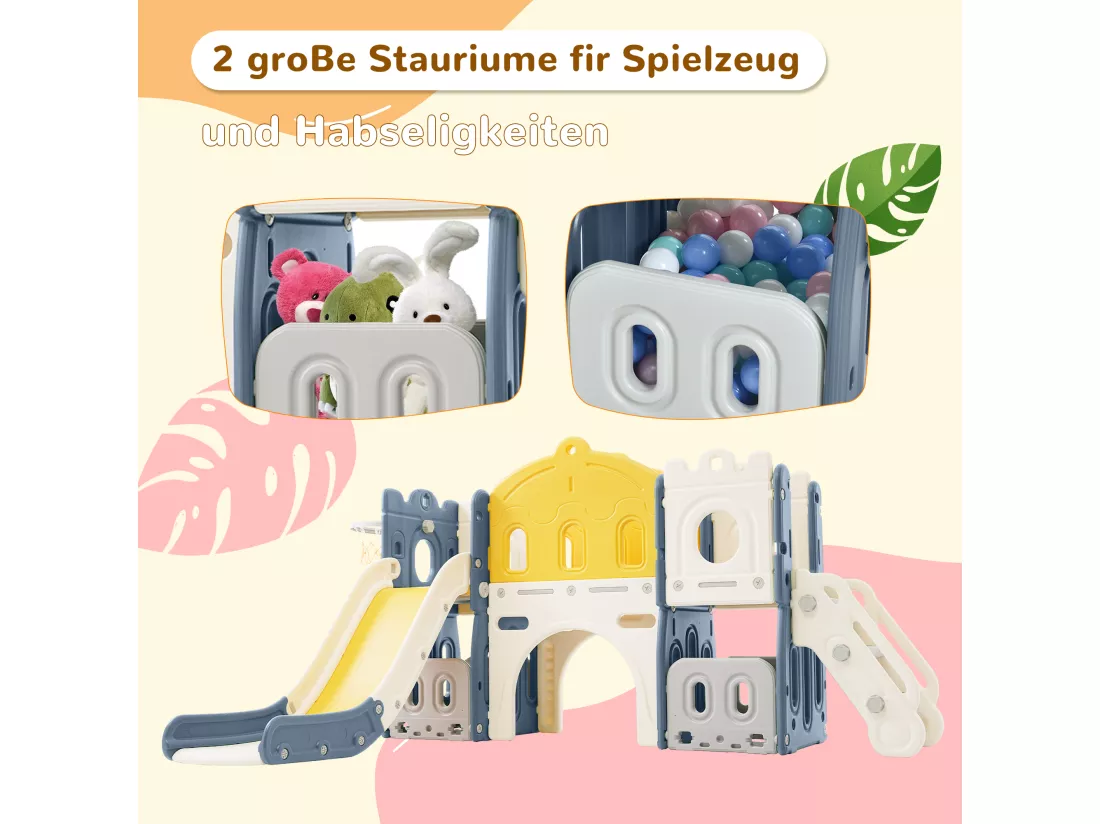 Toboggan château pour enfants 6 en 1 -190 x 151 x 106cm - en HDPF - avec escalade et panier de basket - Bleu