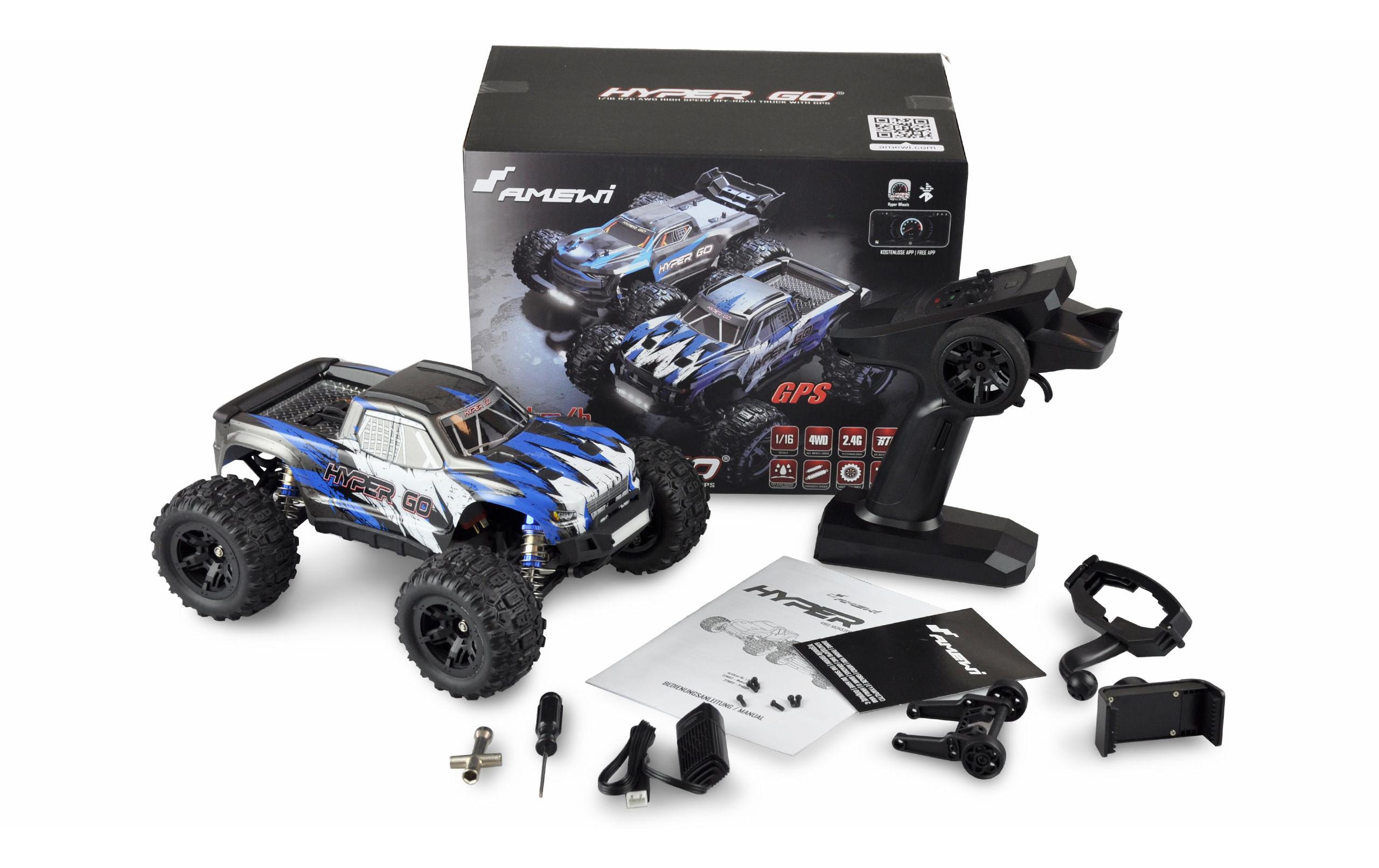 Monster Truck Hyper GO Brushed 4WD GPS, Blau 1:16, RTR<br>Off-Road RC Modellauto mit Allradantrieb und 40 km/h Höchstgeschwindigkeit
