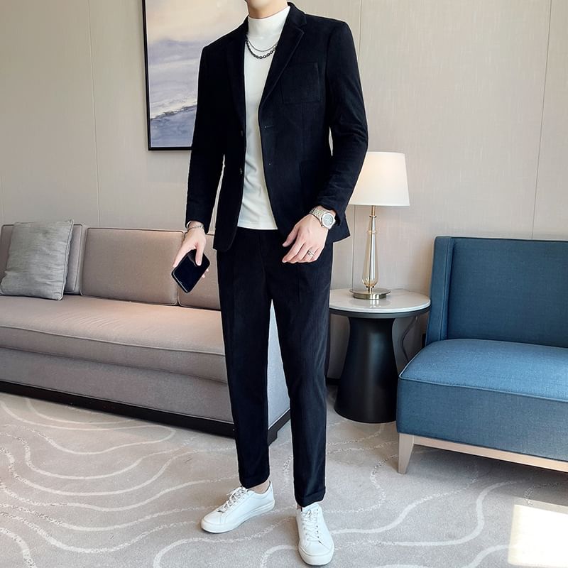 Blueforce - Reverskraag effen corduroy enkelrijs blazer / Mid-rise taps toelopende broek / Set