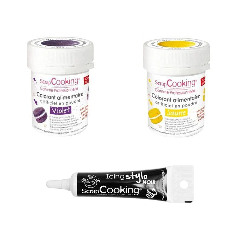 2 colorants alimentaires jaune-violet + Stylo glaçage noir Scrapcookin