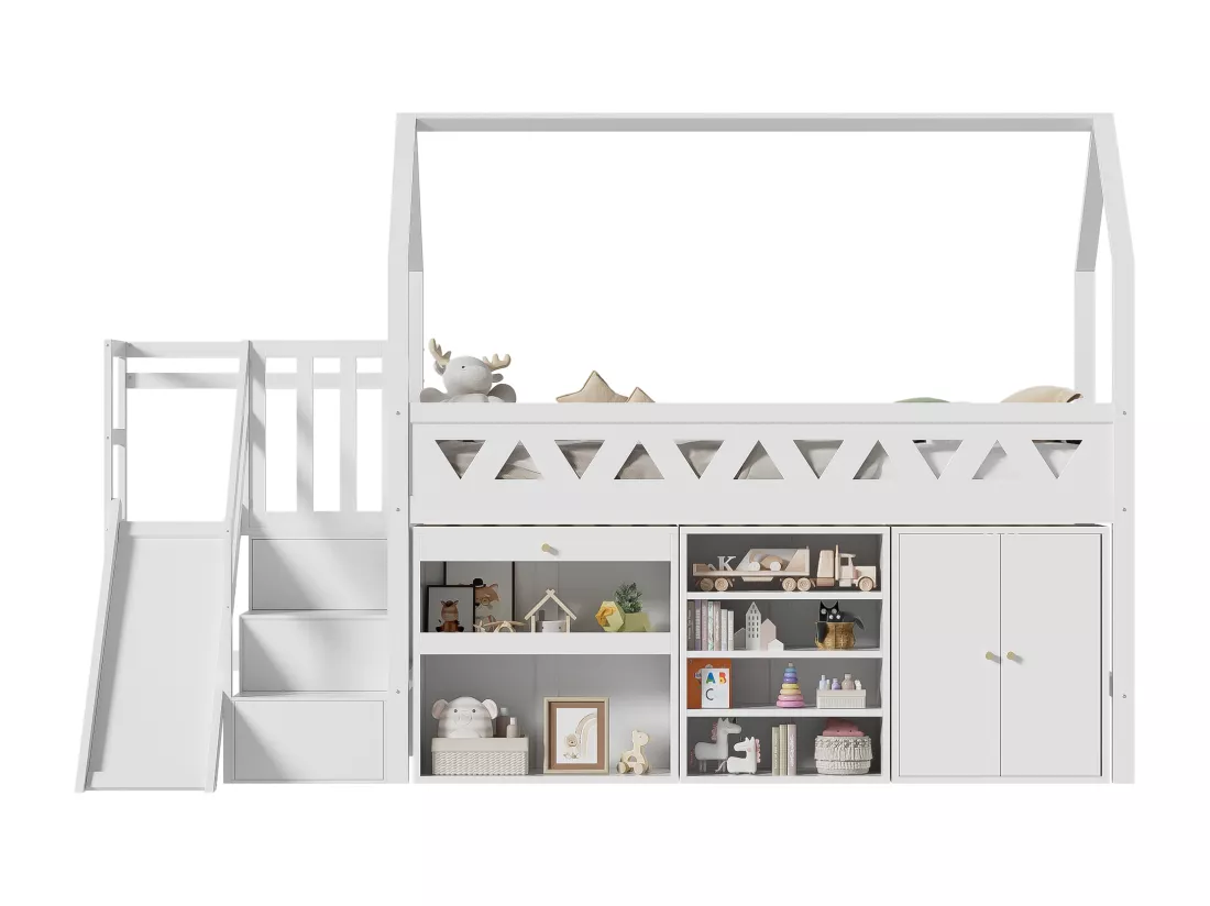 Lit mezzanine multifonctionnel en bois et MDF - 90x200 cm - avec toboggan, escalier et casiers - Blanc(sans matelas)