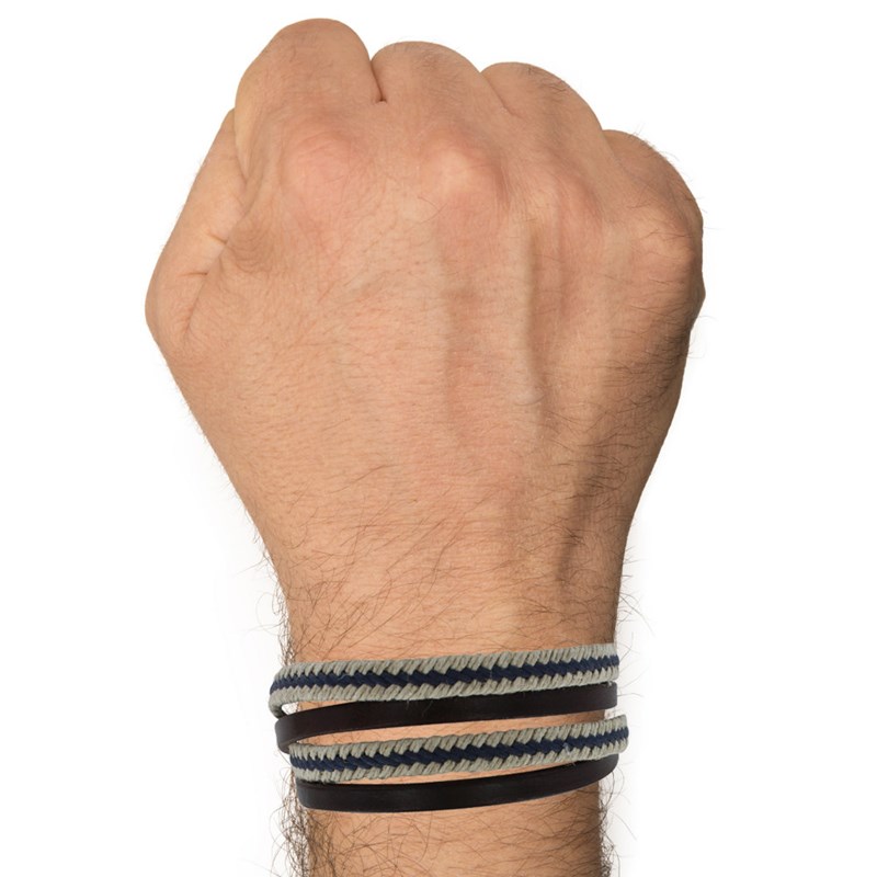 Bracelet Homme Double Tour Cuir Marron Fonc? Tresse en Lin Bleu et Beige - taille 20 cm