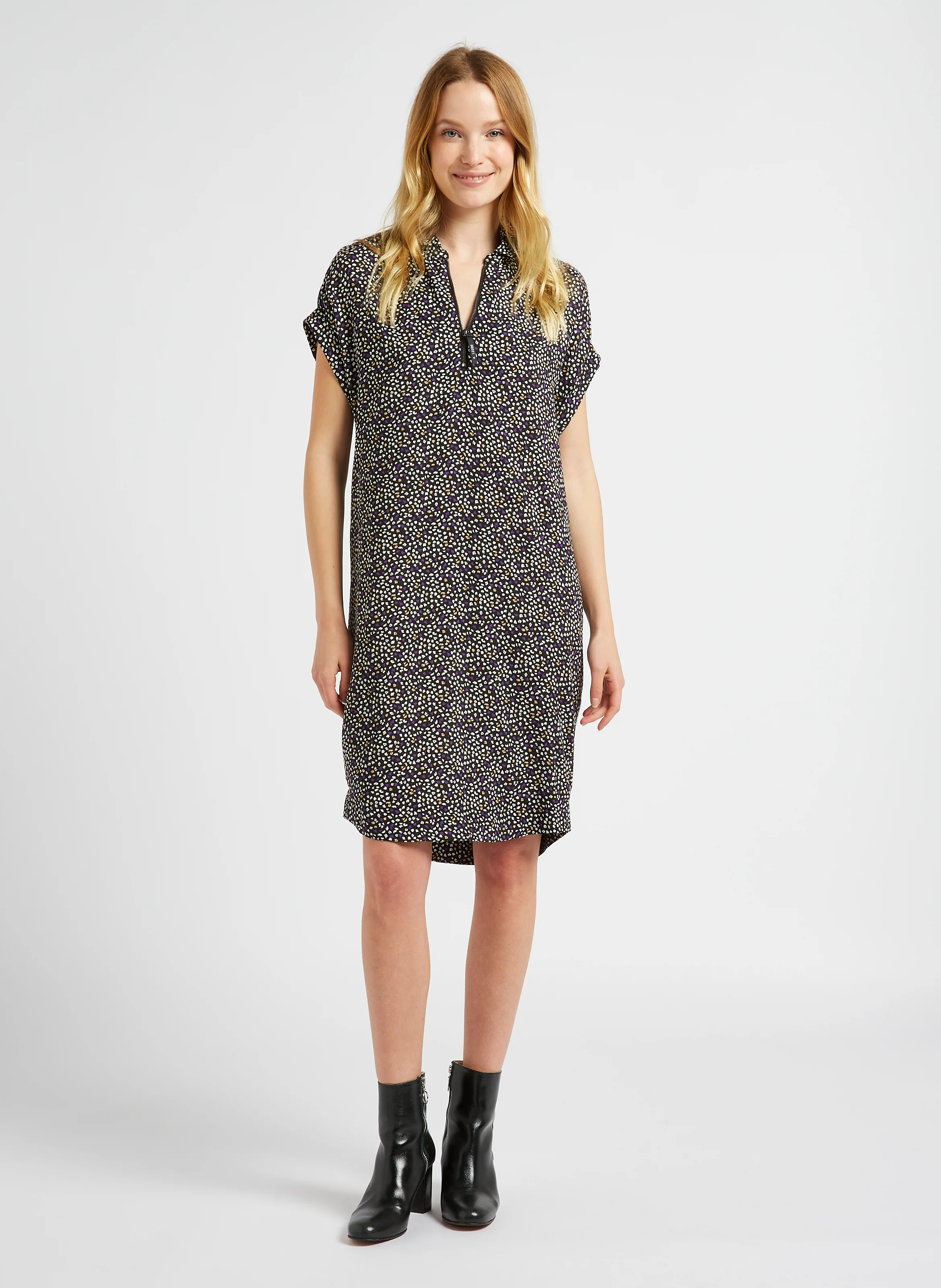 Robe courte ample col classique imprimée | Violet