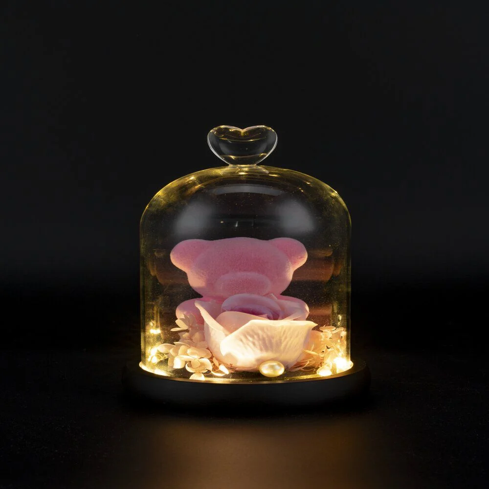 Ourson rose sous cloche en verre LED avec rose éternelle Ø12xH20cm