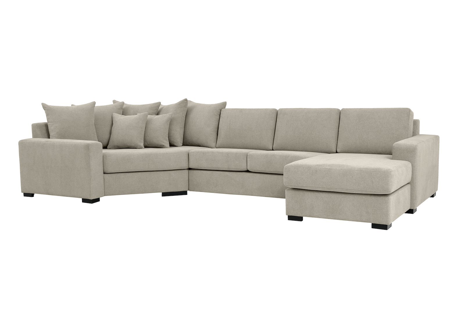 Modern Living U-sofa Cosy Corner venstre og 2-seter med sjeselong høyre.Tekstil Brooklyn 14 Latte med Arm A og ben 2 sortbeiset eik.