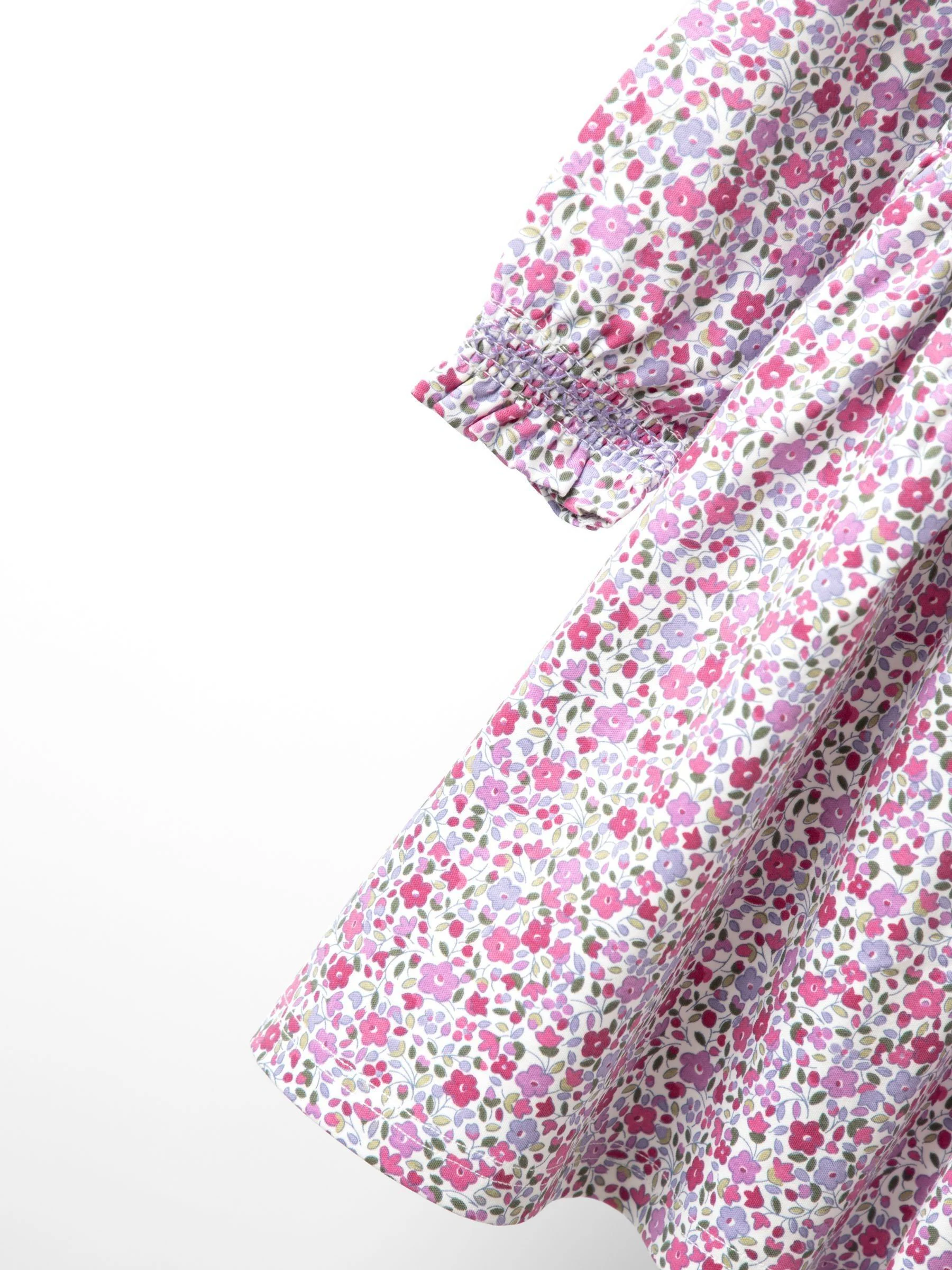 Lila-paars - JoJo Maman Bébé - Gesmokte jersey jurk met fijne bloemenprint