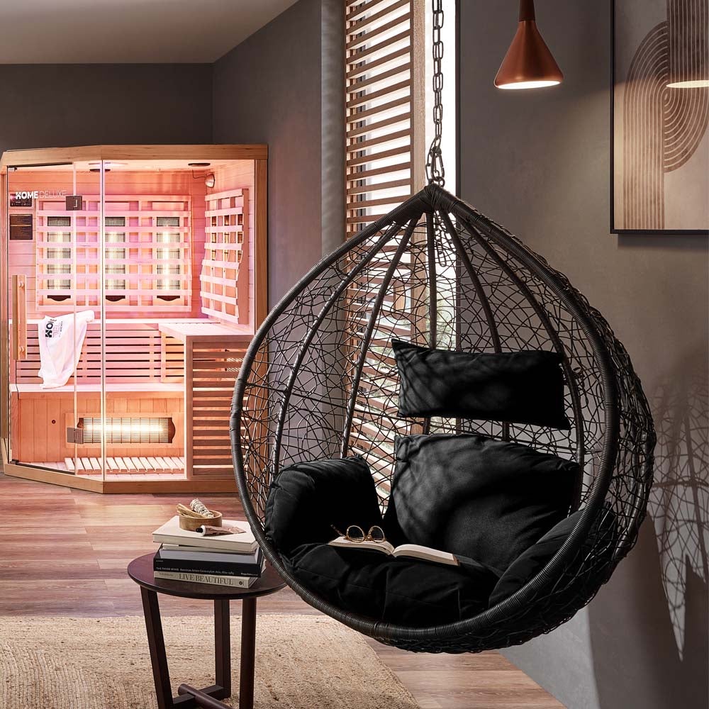 Home Deluxe - Cielo Hangstoel - Zwart, Hoogte 200 cm - incl. frame, zit- en rugkussens | Polyrattan hangstoel, tuinschommel, hangmand