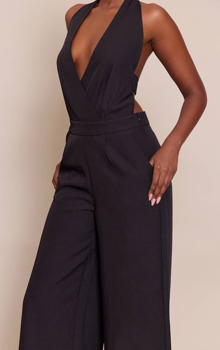 Noir Combinaison Pantalon Large Col Plongeant Licou Ajustée