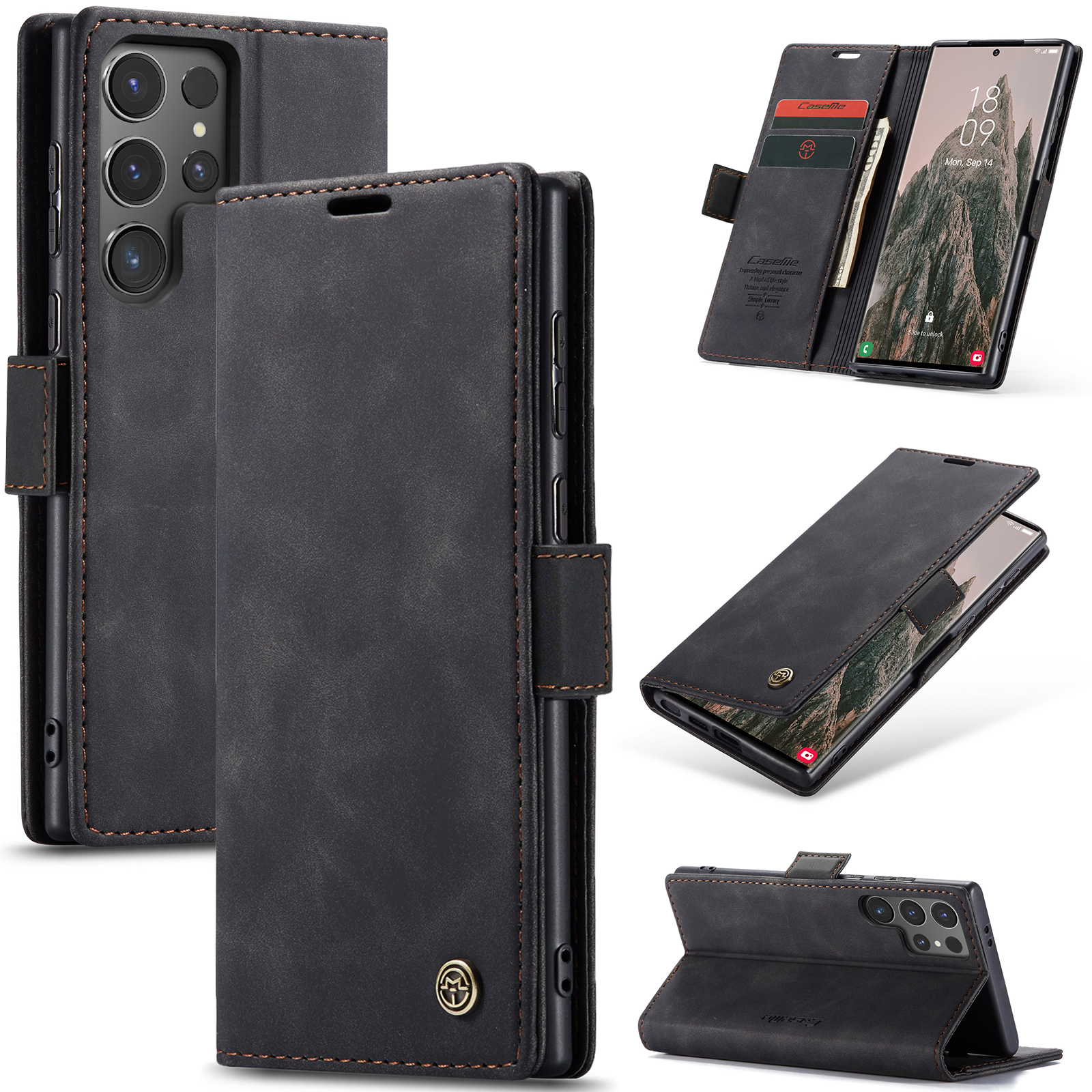 Samsung Galaxy S25 Ultra Leder Tasche Flip Wallet Etui mit Kartenfächern - Schwarz