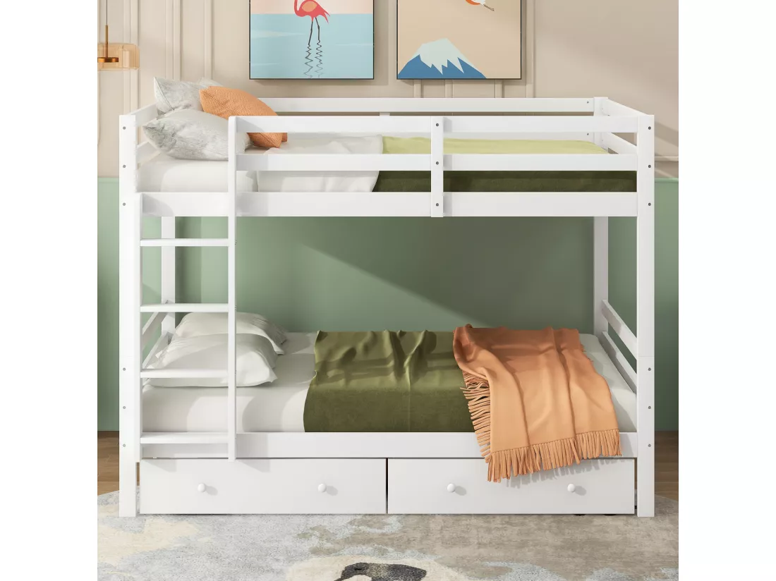 Lit superposé 140x200cm, lit d'enfant avec 2 tiroirs, échelle, garde-corps hauts, blanc