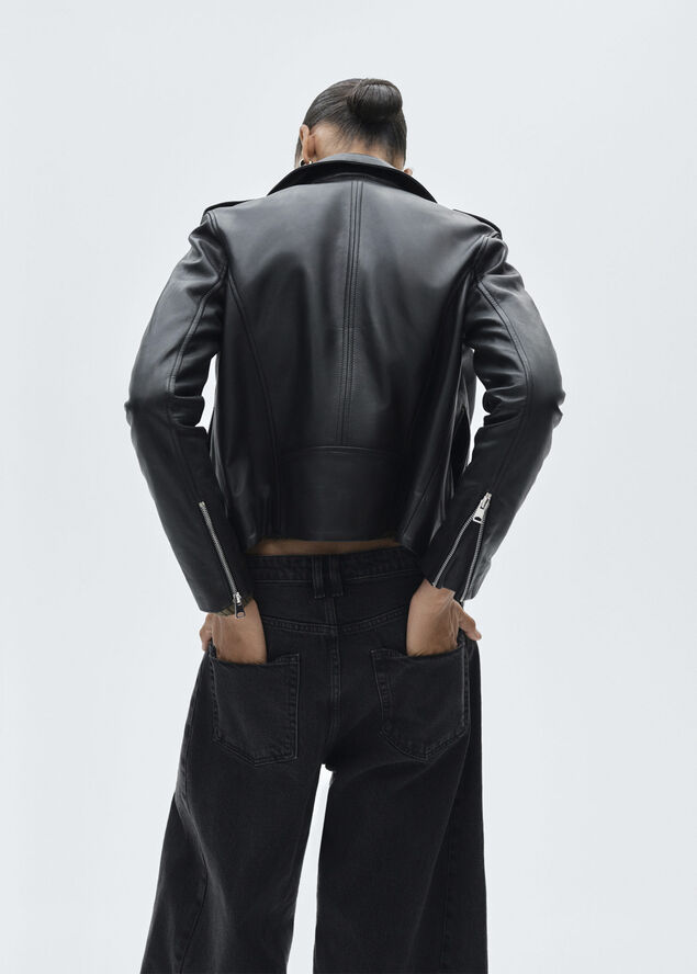 MANGO Leather biker jacket Black