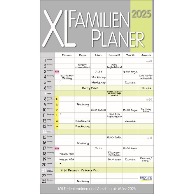 XL Familienplaner - 2025 - Pastell - 6 Spalten