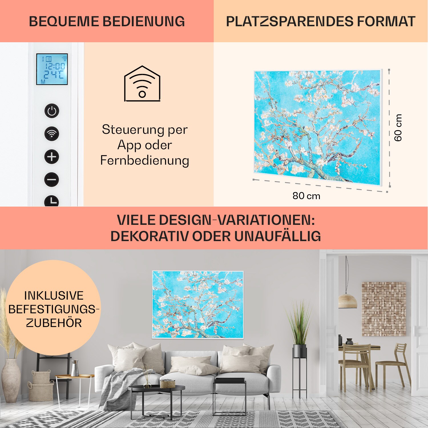 Wonderwall Air Art Smart Infrarotheizung 80x60cm 500W Wandmontage Blüten