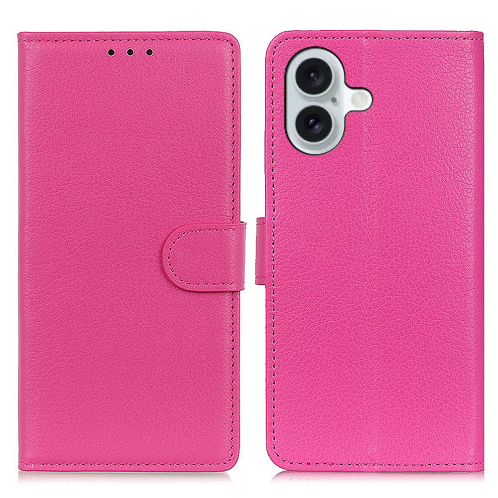 iPhone 16 Leder Tasche Flip Cover Litchi Look - Pink