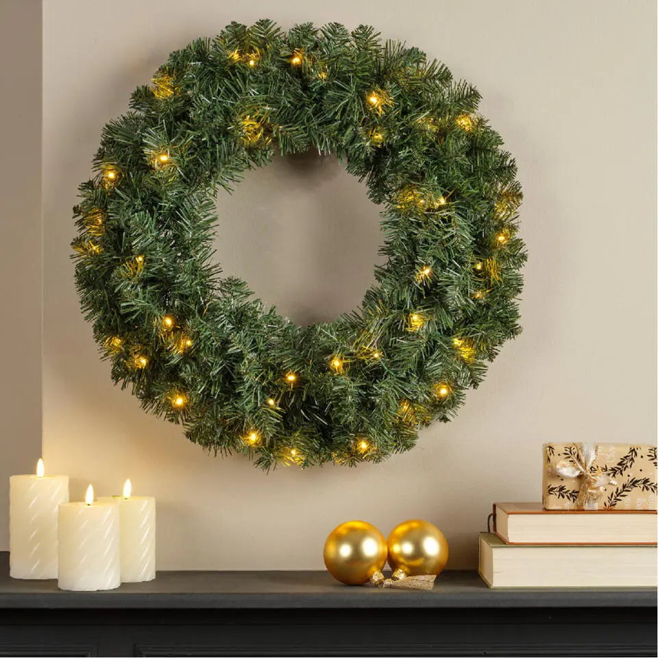 Decoris Kerstkrans - groen - warm verlichting - timer - 60 cm