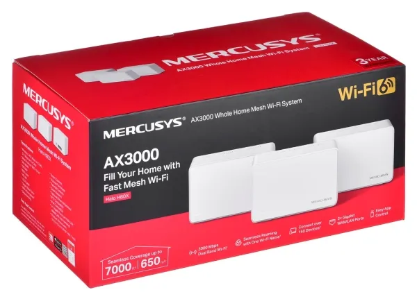 Mercusys Halo H80X (3-pack), Hvid, Intern, Mesh-system, 650 m², Dual-band (2,4 GHz / 5 GHz), Wi-Fi 6 (802.11ax)