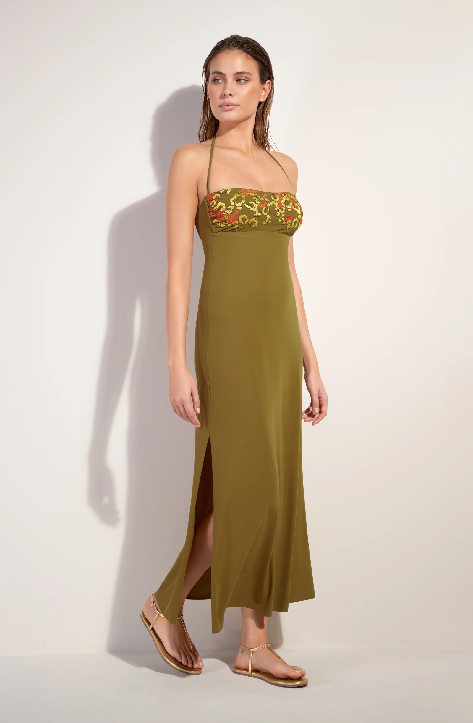 reine Robe longue bustier en voile extensible bronze Bronze