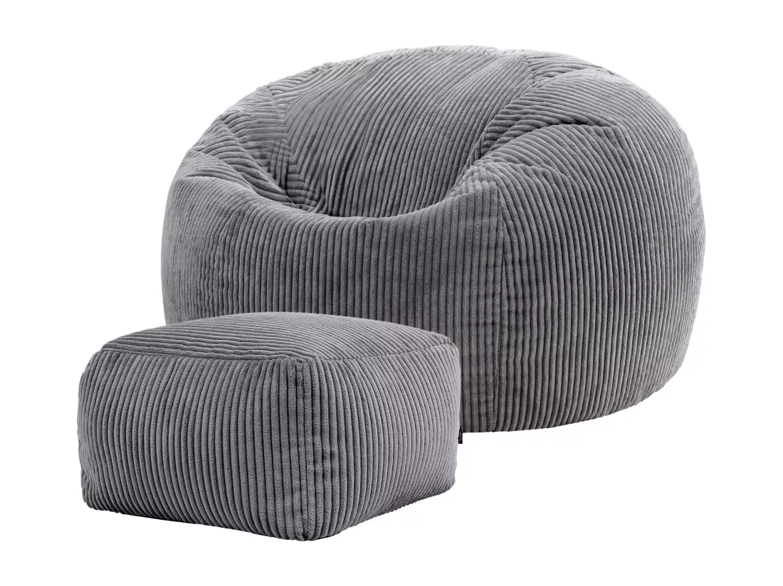 Pouf classique et son repose-pied velours côtelé, gris anthracite - KINGSTON