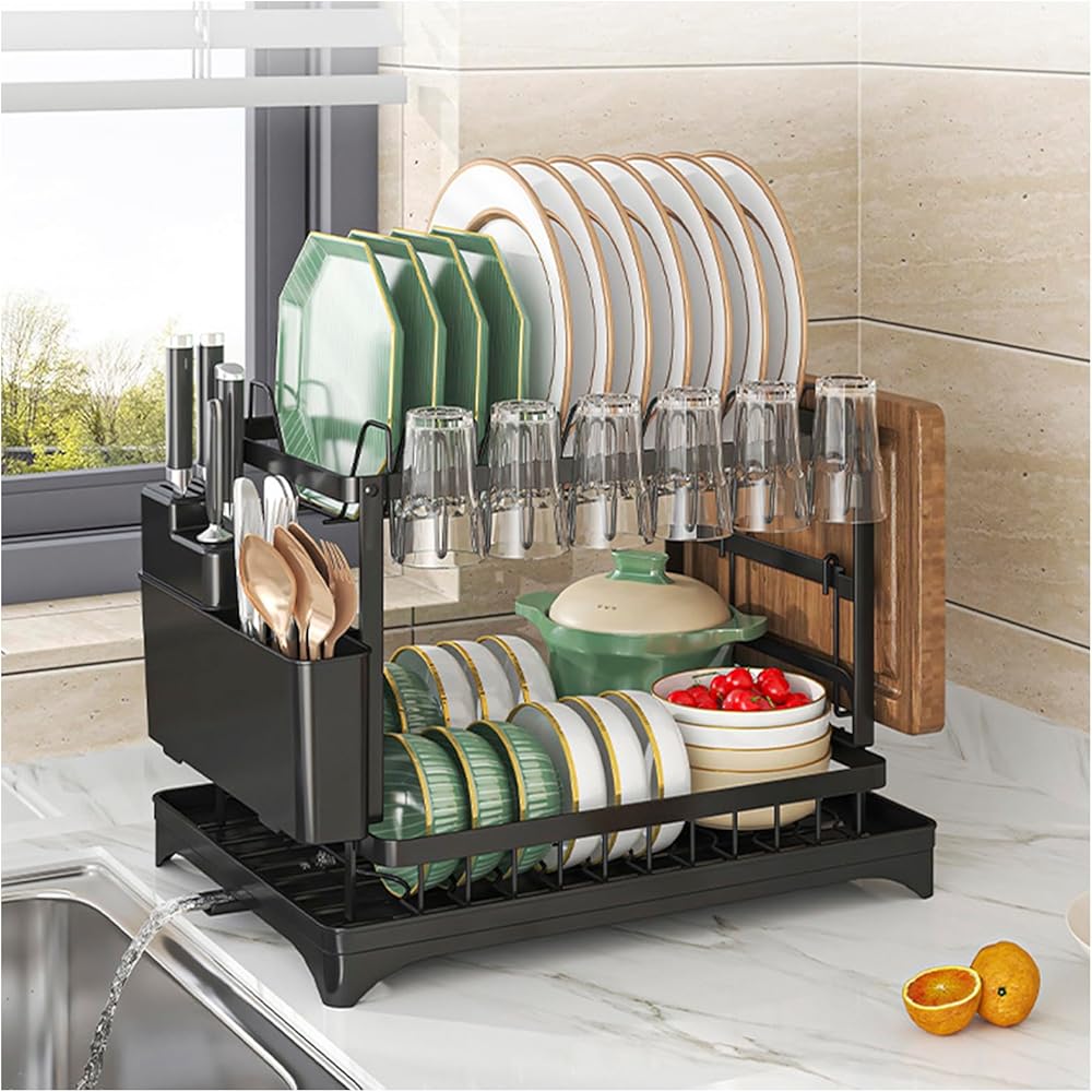 Égouttoir à vaisselle à 2 niveaux avec porte-ustensiles et porte-gobelet - Anti-rouille - Amovible - Pour comptoir de cuisine - Économie d'espace - Avec drainage automatique : Cuisine et Maison