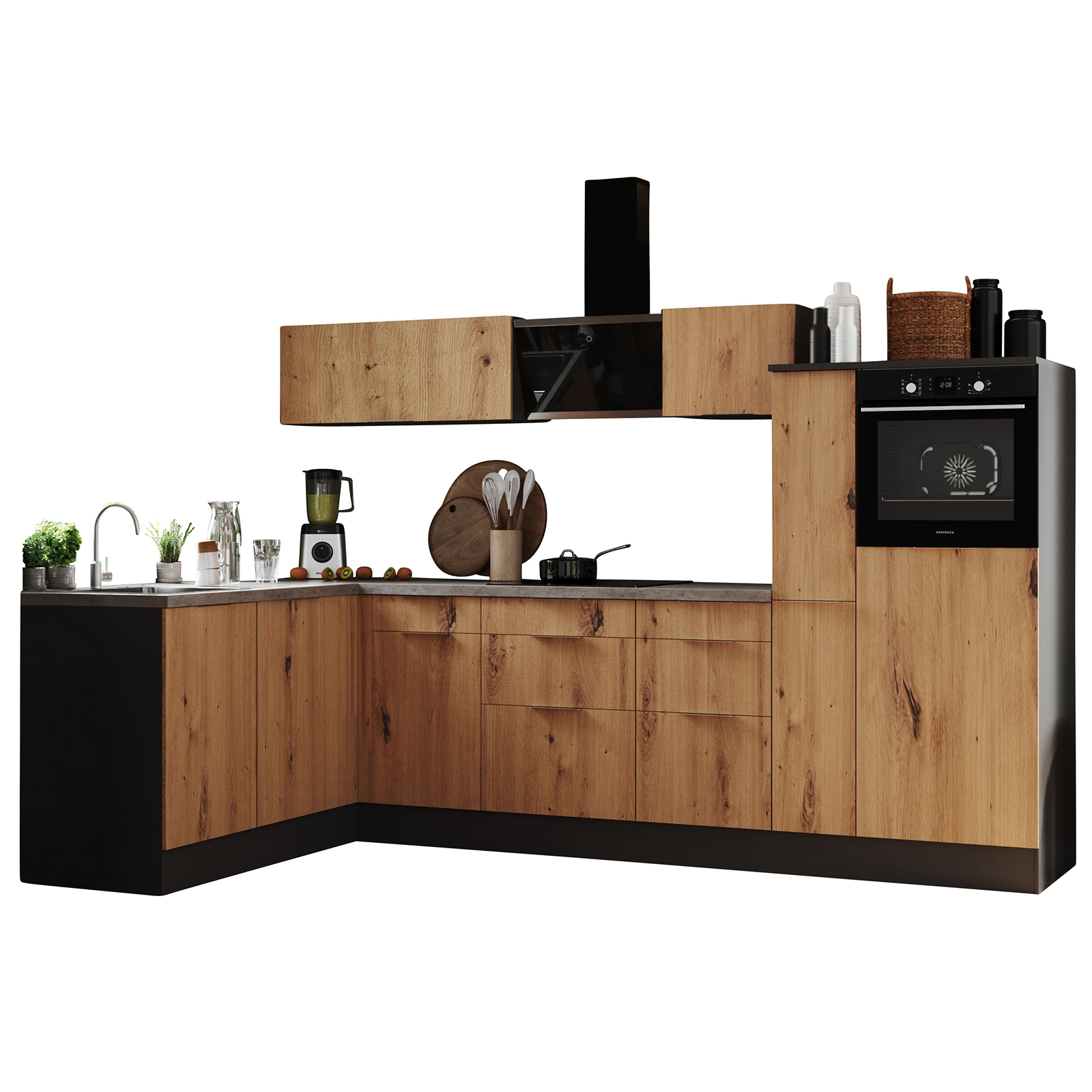 RESPEKTA Winkelküche - Artisan Eiche - grau matt - mit E-Geräten - 310x175 cm
