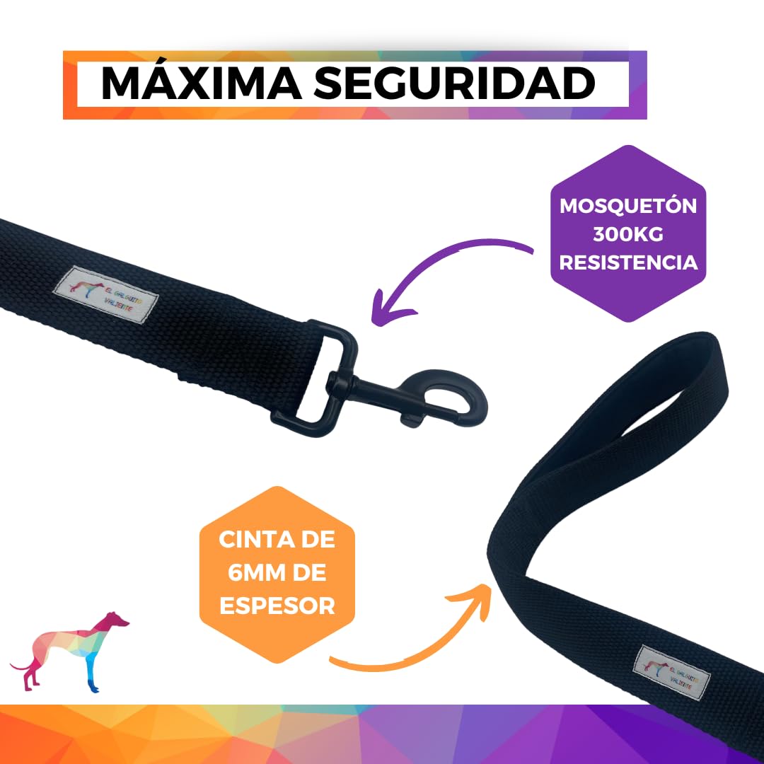 EGV - Guia curta para cães, 4 cm de largura, com alça de neoprene e mosquetão reforçado. 50 cm de comprimento. (Preta)