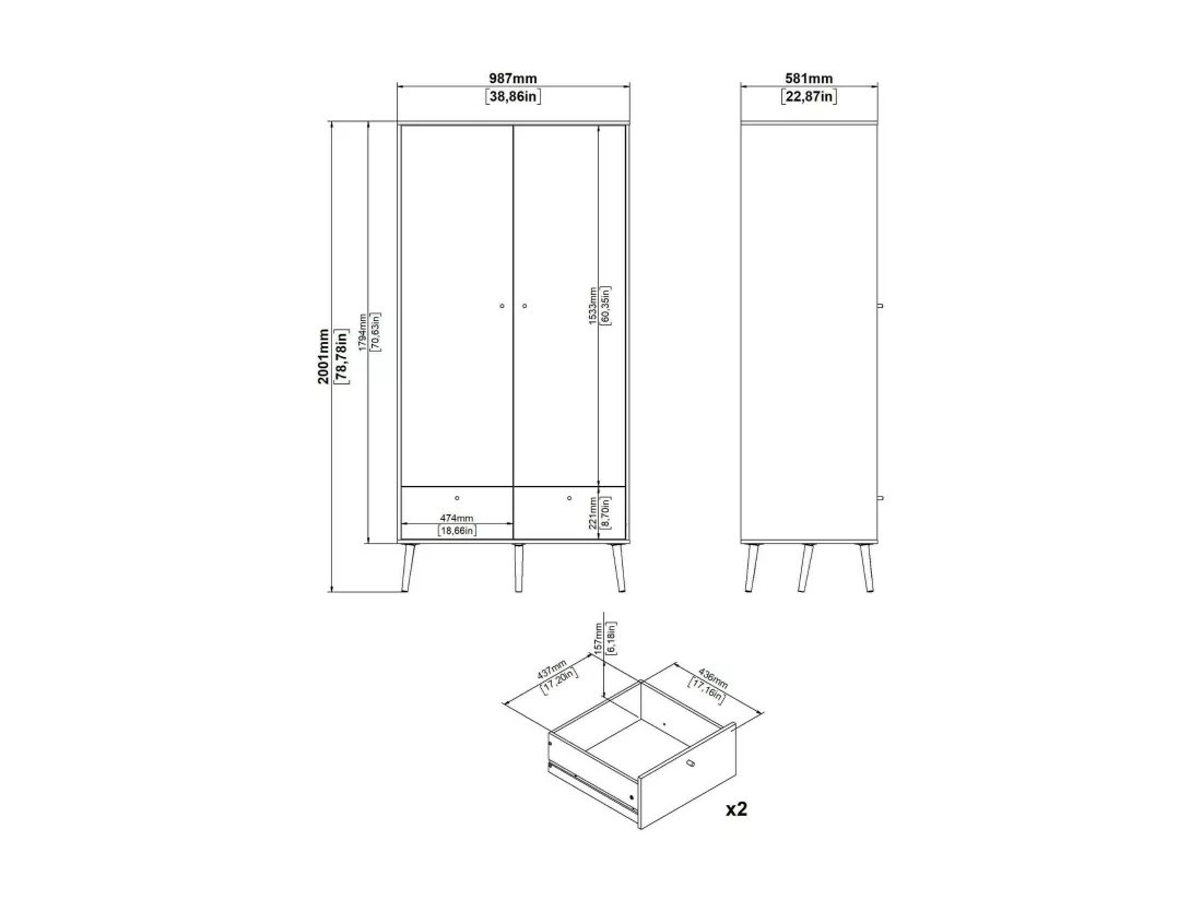 Garde-robe 2 portes Dscarp, Meubles de chambre, Penderie de plain-pied, Placard à vêtements, 99x58 h200 cm, Gris