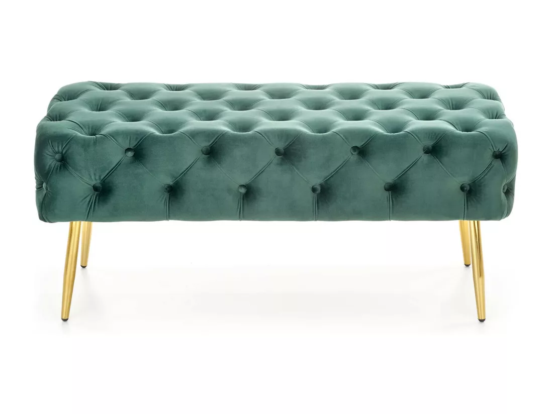 Banc capitonné en velours vert avec pieds dorés en métal PAOLA