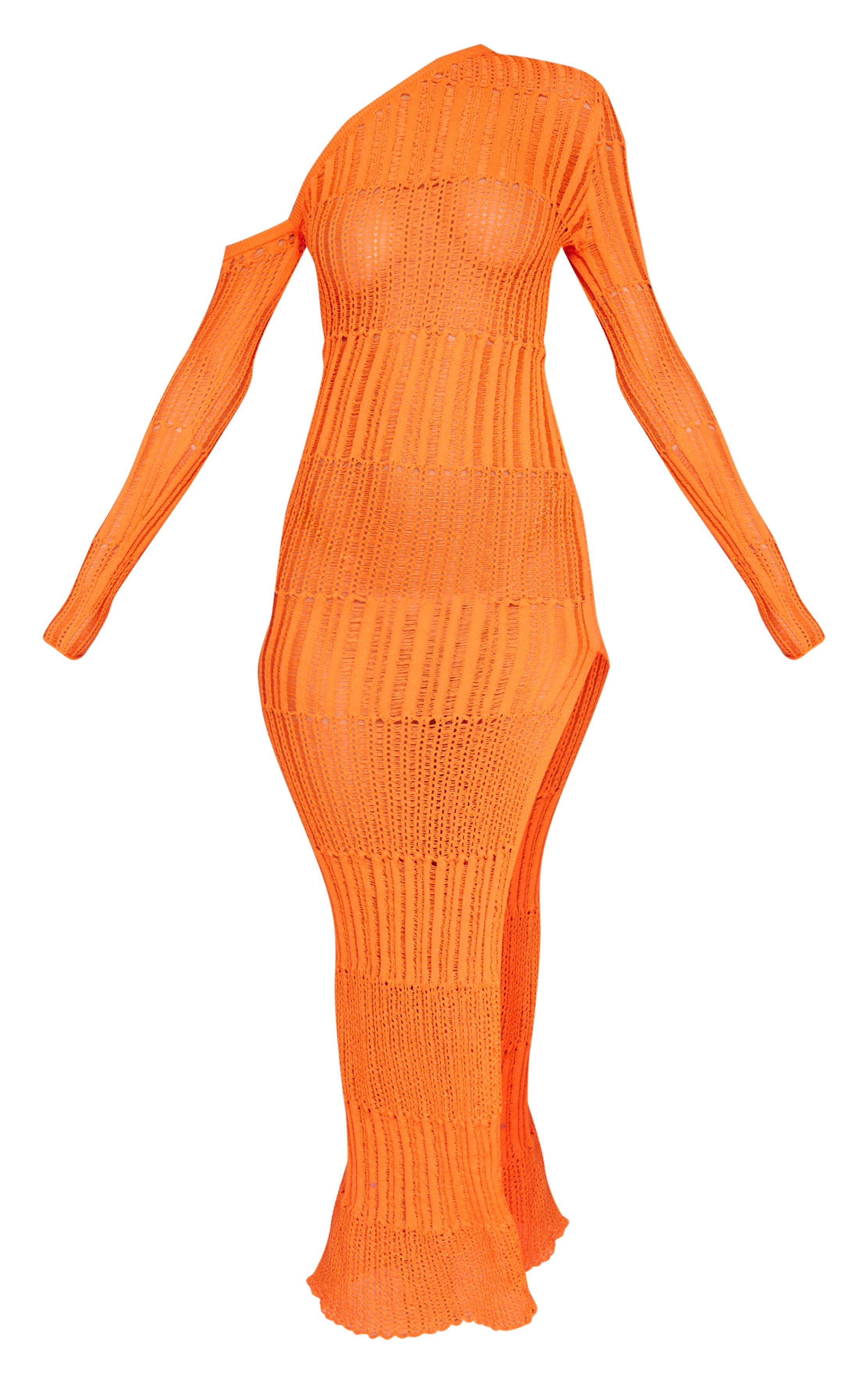 Orange Robe Maxi Tricot Ajouré À Une Épaule