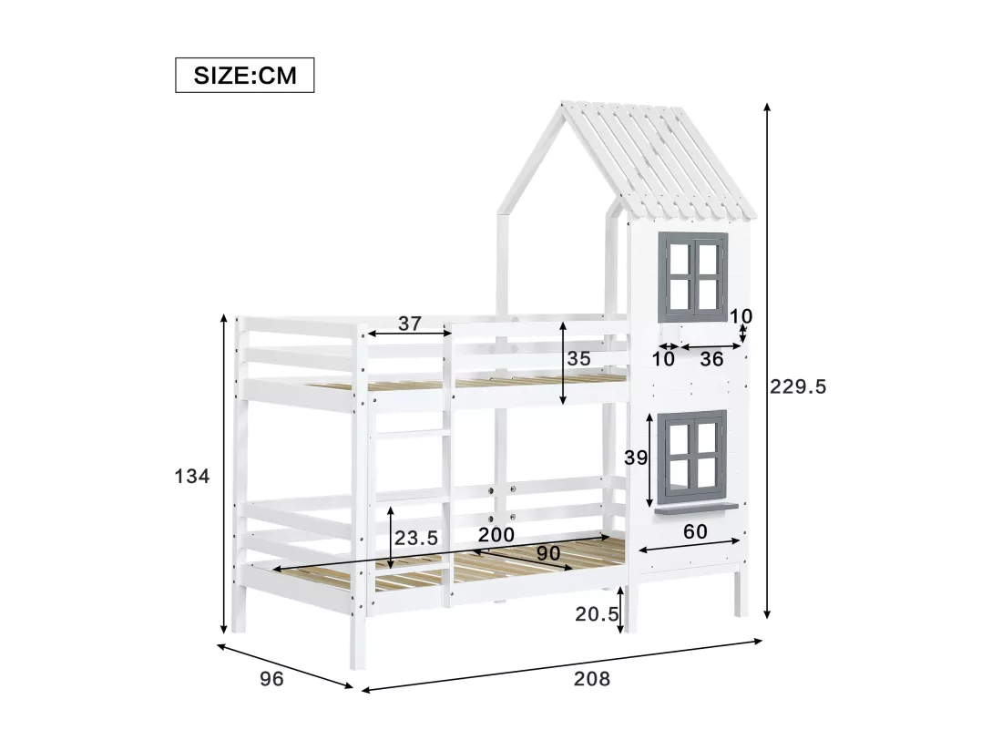 KOMHTOM Lit Superposé, 90x200cm Lit de Maison avec Clôtures et Échelle à Main Courante, Lit Cabane en Bois avec Sommier à Lattes, Cadre de Lit(sans Matelas)