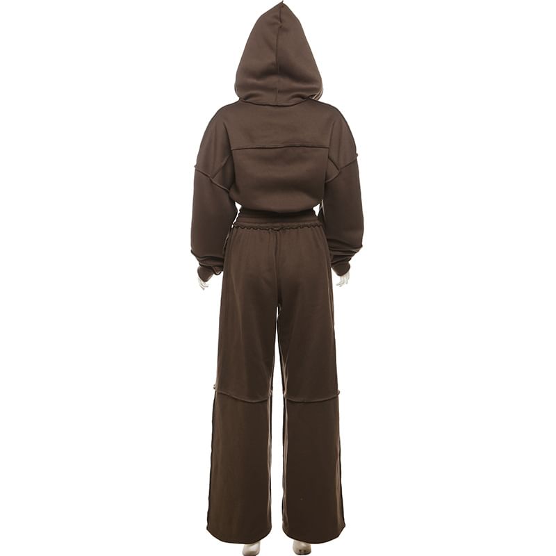 Emilyn - Set: effen paneel hoodie met rits + elastische taille wijde pijpen joggingbroek