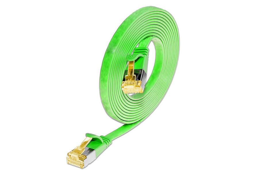 Slimpatchkabel Cat 6A, U/FTP, 0.25 m, GrünGeschirmtes Cat 6A flaches Twisted-Pair-Kabel (U/FTP) mit Klinkenschutz und vergoldeten RJ-45 Steckern