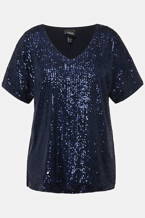 Pailletten-Shirt, Oversized, V-Ausschnitt, Halbarm