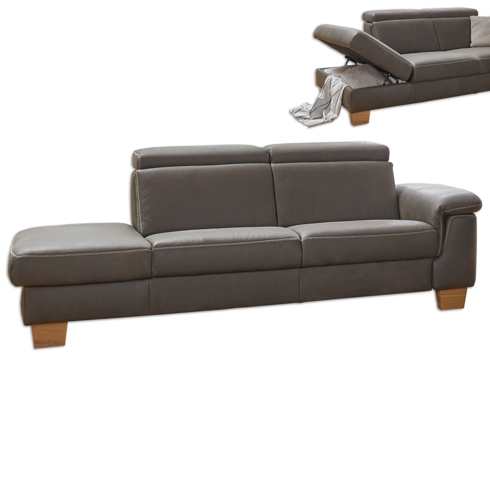 polsterpower 2,5-Recamiere Ledersofa - grau - mit Funktionen - Armlehne rechts