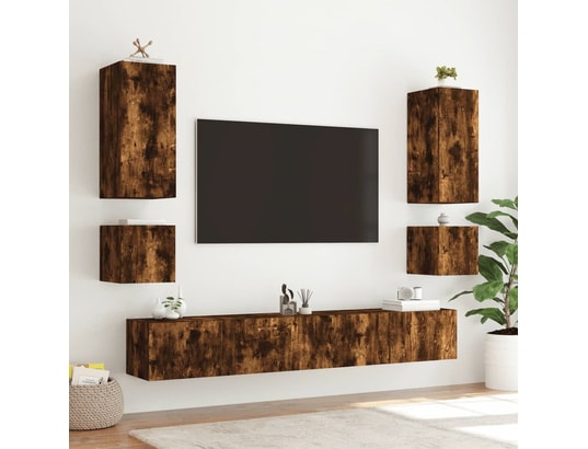VIDAXL - Elément suspendu Meuble tv mural avec lumières led chêne fumé 40,5x35x40 cm