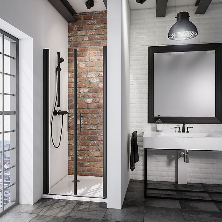 Portes de douche battantes, 90 x 192 cm, Schulte NewStyle, verre transparent anticalcaire, profilé noir