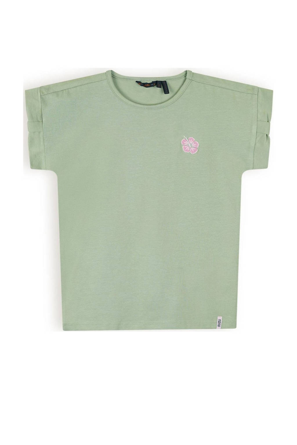 NONO T-shirt Kamelle met backprint en ruches saliegroen