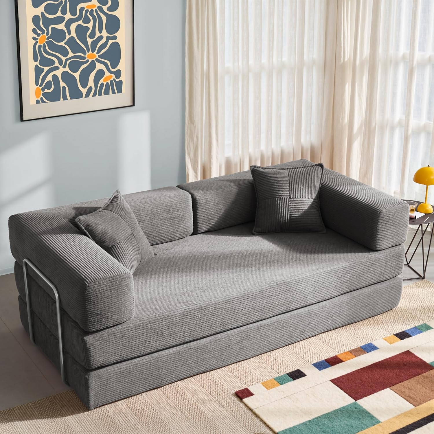 YINIX Faltbares Schlafsofa 200cm Breite XXL Bett, Modulares Bodensofa, Cord Wolkensofa mit Metallrahmen, 3 Sitzer Gästebett Klappbar, rutschfest, Waschbar (Grau, 200cm (3-Sitzer))