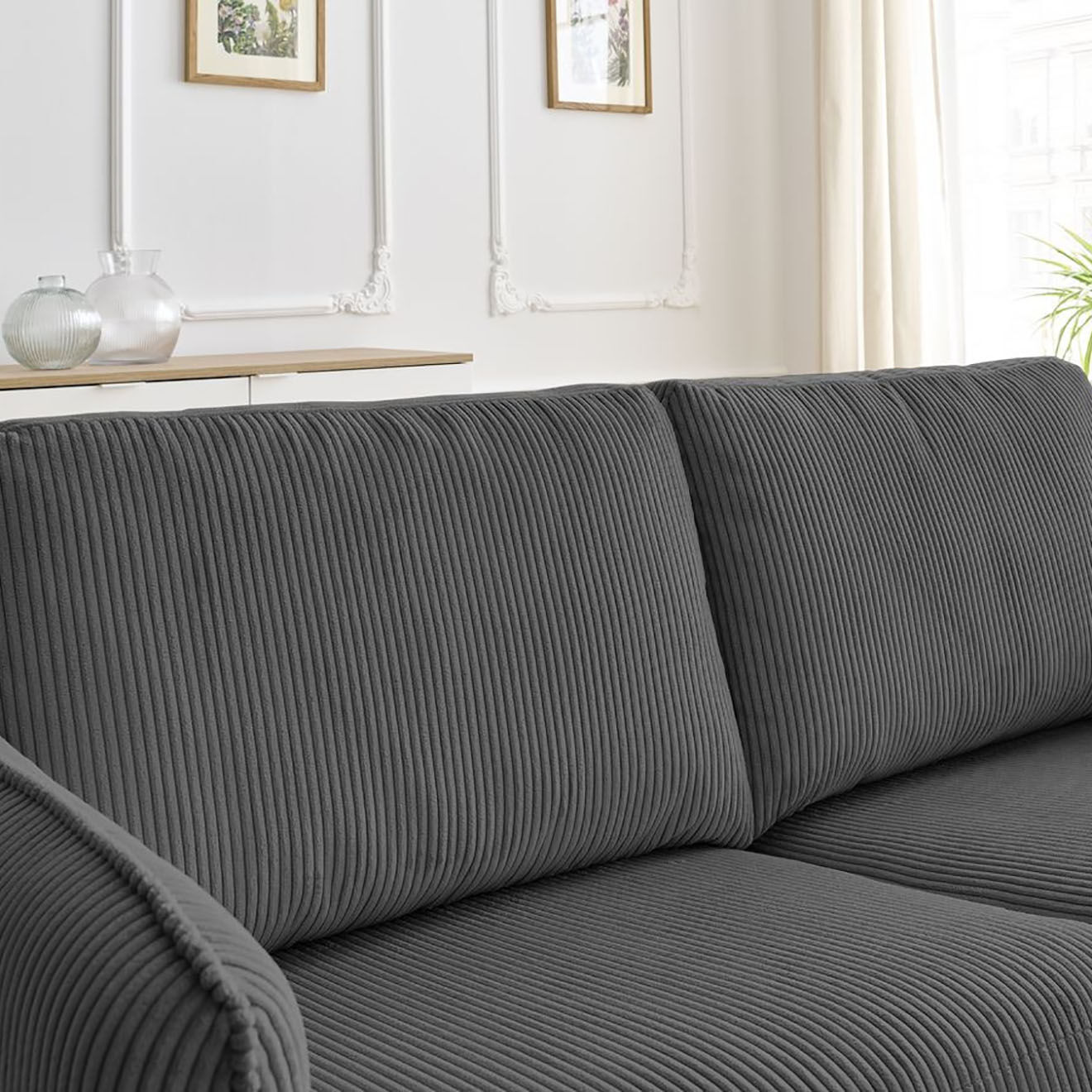 Bobochic Canapé droit convertible express en Velours côtelé 3 places Lenny gris foncé - 178x102x89 cm