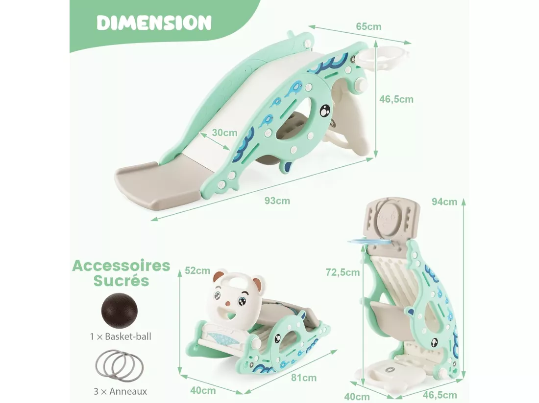 4 en 1 Toboggan Enfants avec 3 Modes & Motif d'ours, Cheval à Bascule Intérieur Extérieur avec Panier de Basketball & Ballon, Charge 50kg pour Enfants de 1-4 Ans, 93x65x46,5cm (Vert)