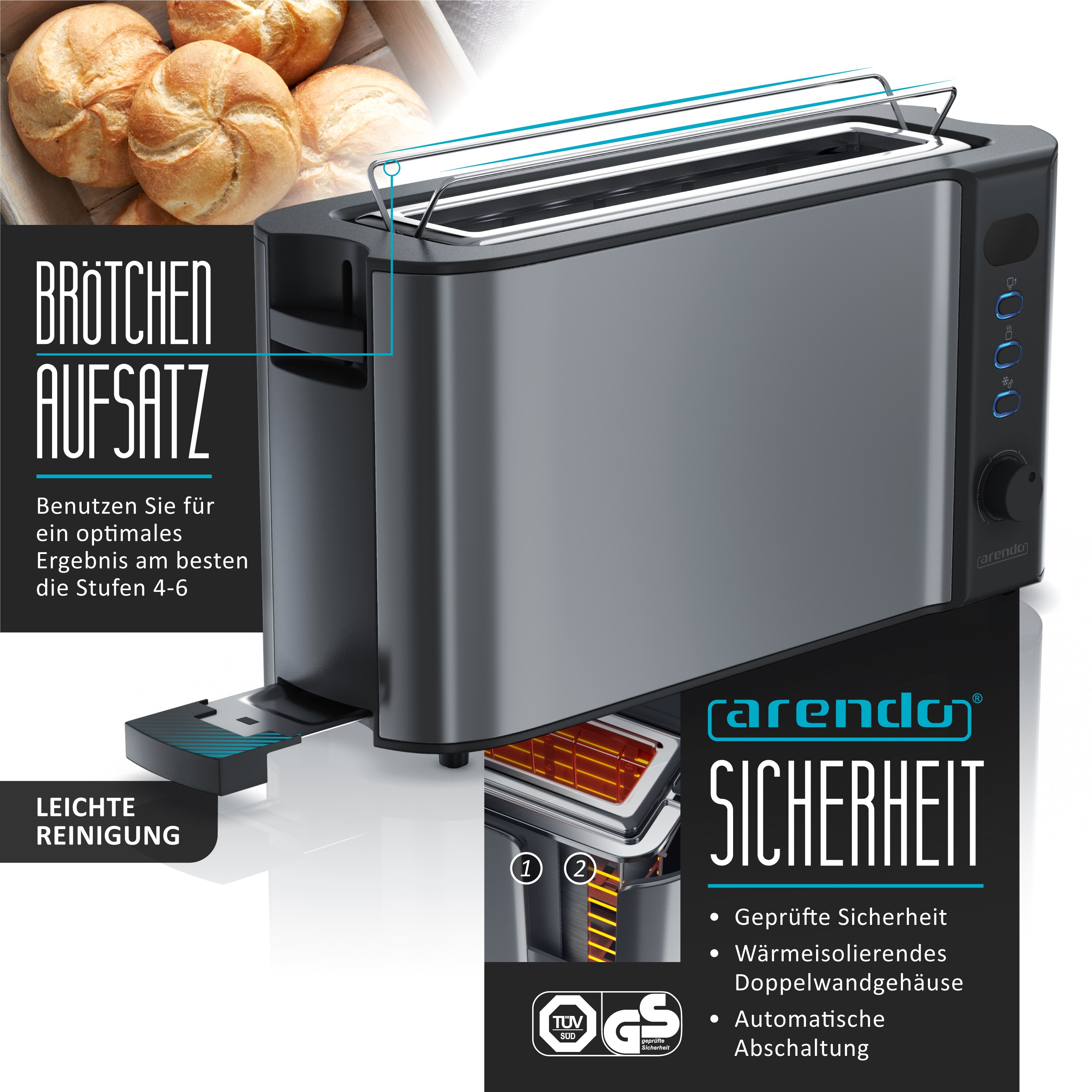 Arendo Frühstücks Set in Grau Edelstahl - Langschlitz Toaster und Eierkocher