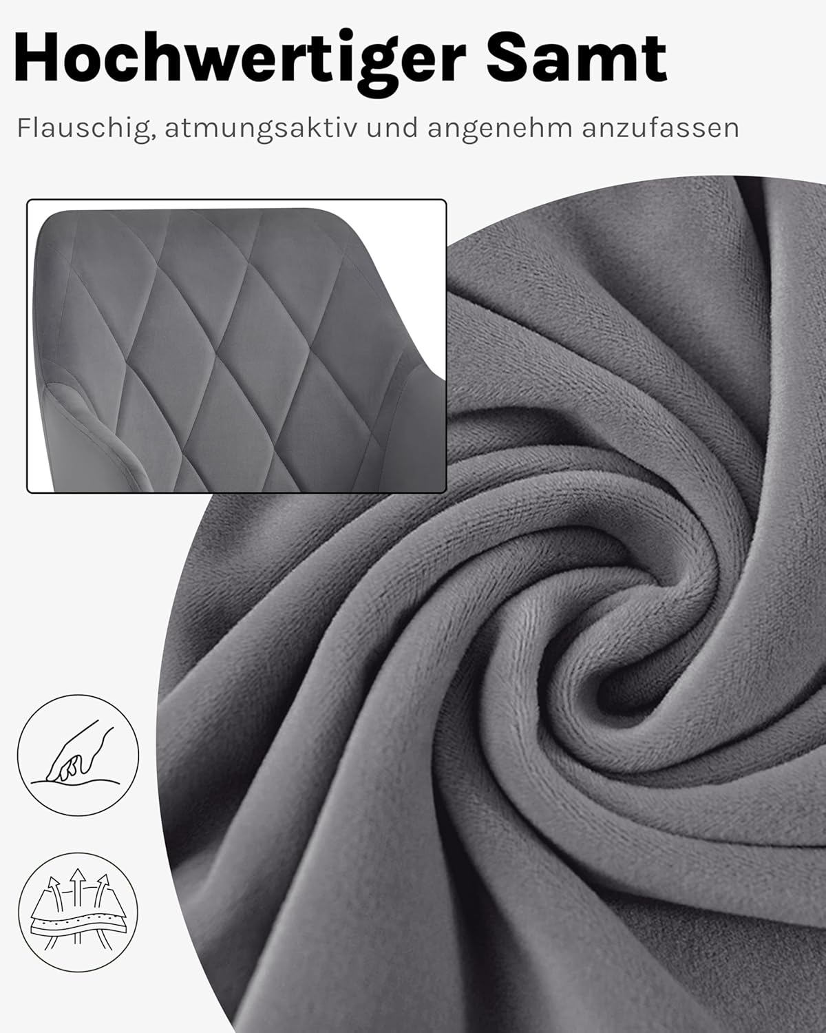 WOLTU 6er Set Esszimmerstühle mit Armlehne Rückenlehne, für Esszimmer Wohnzimmer Küche, Bequeme Küchenstühle gepolstert mit Samtbezug, Metallbeinen, Dunkelgrau