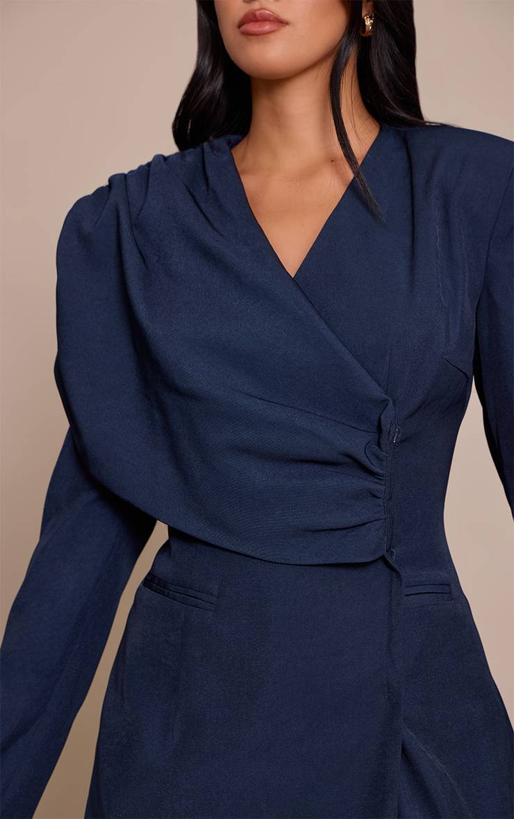 Bleu Marine Blazer Cintré À Drapé D'épaule