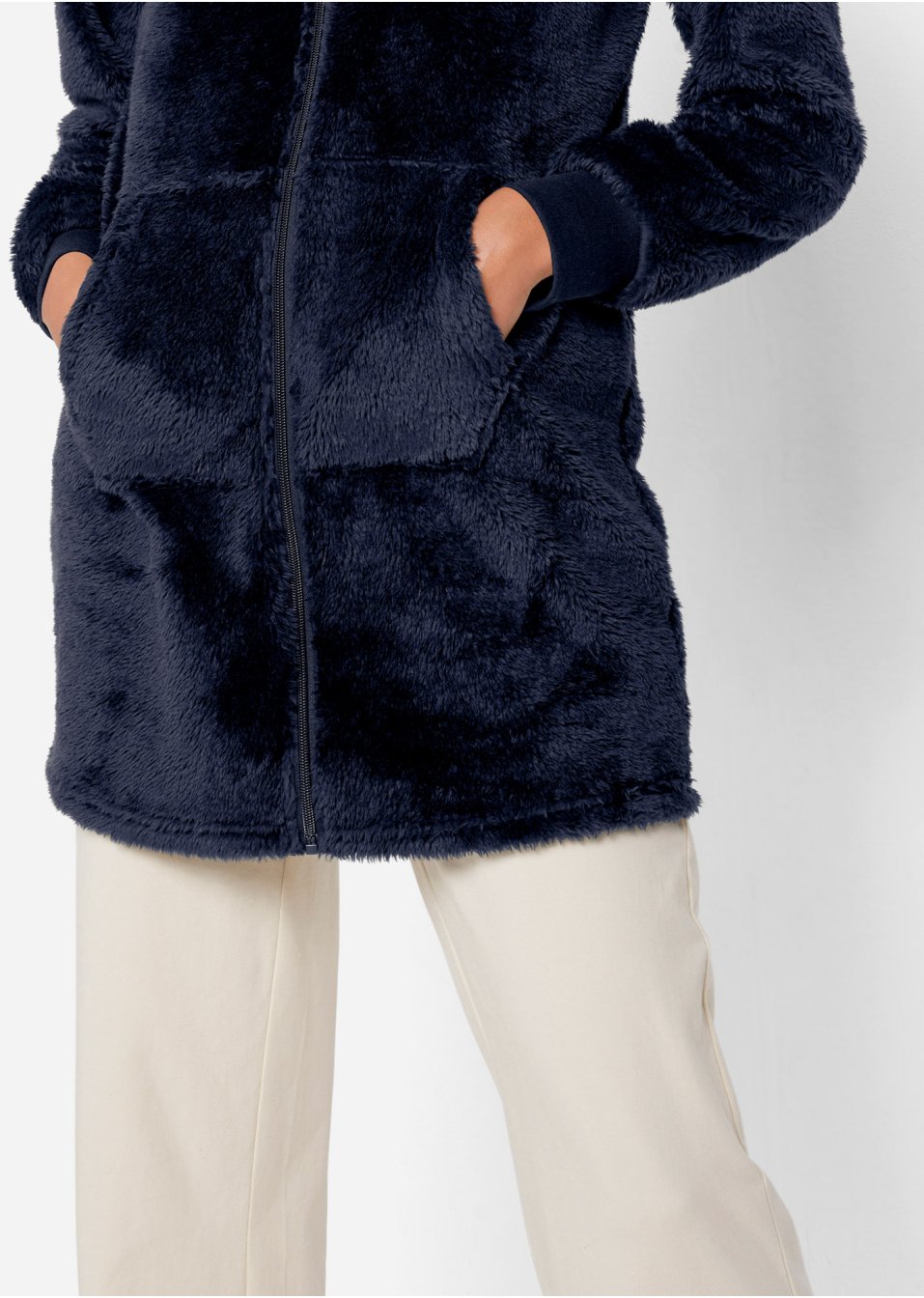 Veste longue en polaire à capuche, manches longues