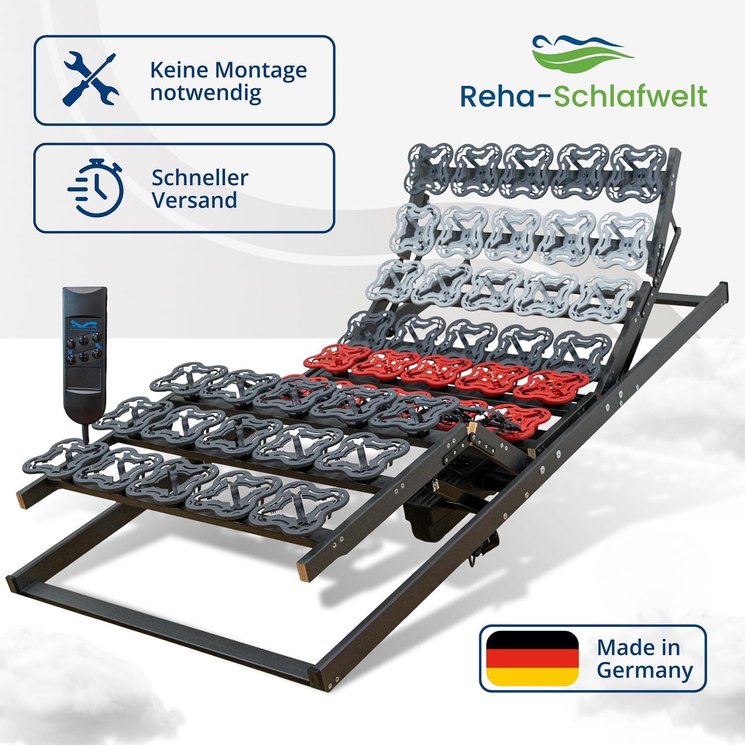 TELLERLATTENROST AEROBALANCE KF 120x200 cm, mit Motor, Kopf-Fußteil elektrisch verstellbar, fertig montiert Lattenrost mit Motor und Fernbedienung, Teller in drei Härtegraden Made in Germany